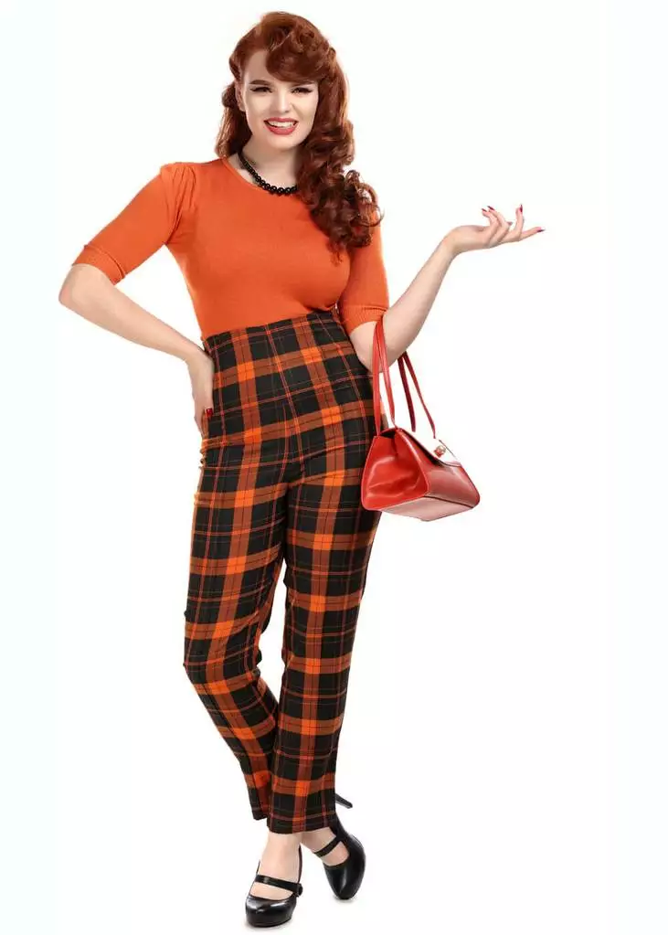 New In Collectif Bonnie Pumpkin Check 60's Trousers Black Orange 4 New In Collectif Bonnie Pumpkin Check 60's Trousers Black Orange