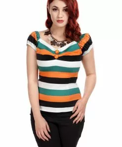 New In Collectif Dolores Pumkin Stripe 60's Top Multi Orange