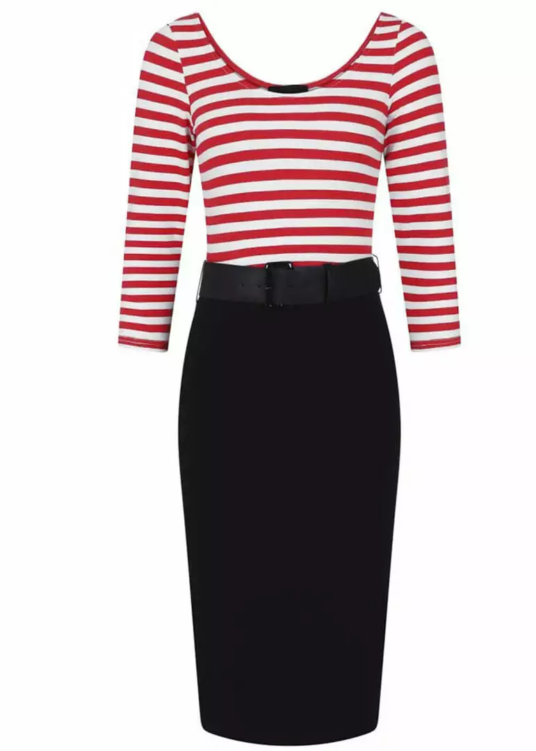 Collectif Manuela Striped 60's Pencil Dress Black Red 4 Collectif Manuela Striped 60's Pencil Dress Black Red