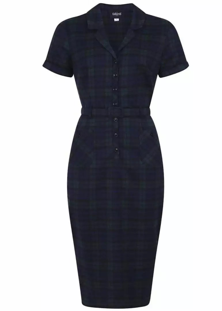 Collectif Caterina Blackwatch Check 40's Pencil Dress Multi 3 Collectif Caterina Blackwatch Check 40's Pencil Dress Multi