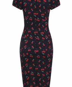 Collectif Dolores Cherry Love 50's Pencil Dress Black 10 Collectif Dolores Cherry Love 50's Pencil Dress Black