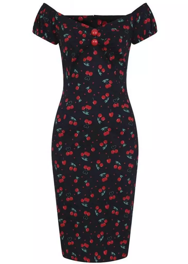 Collectif Dolores Cherry Love 50's Pencil Dress Black 3 Collectif Dolores Cherry Love 50's Pencil Dress Black