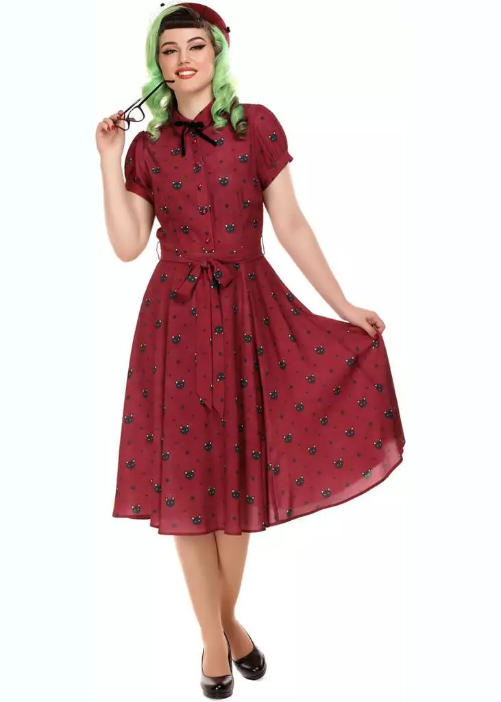 Collectif Mary Grace Polkadot Meow 40's Swing Dress Red 9 Collectif Mary Grace Polkadot Meow 40's Swing Dress Red
