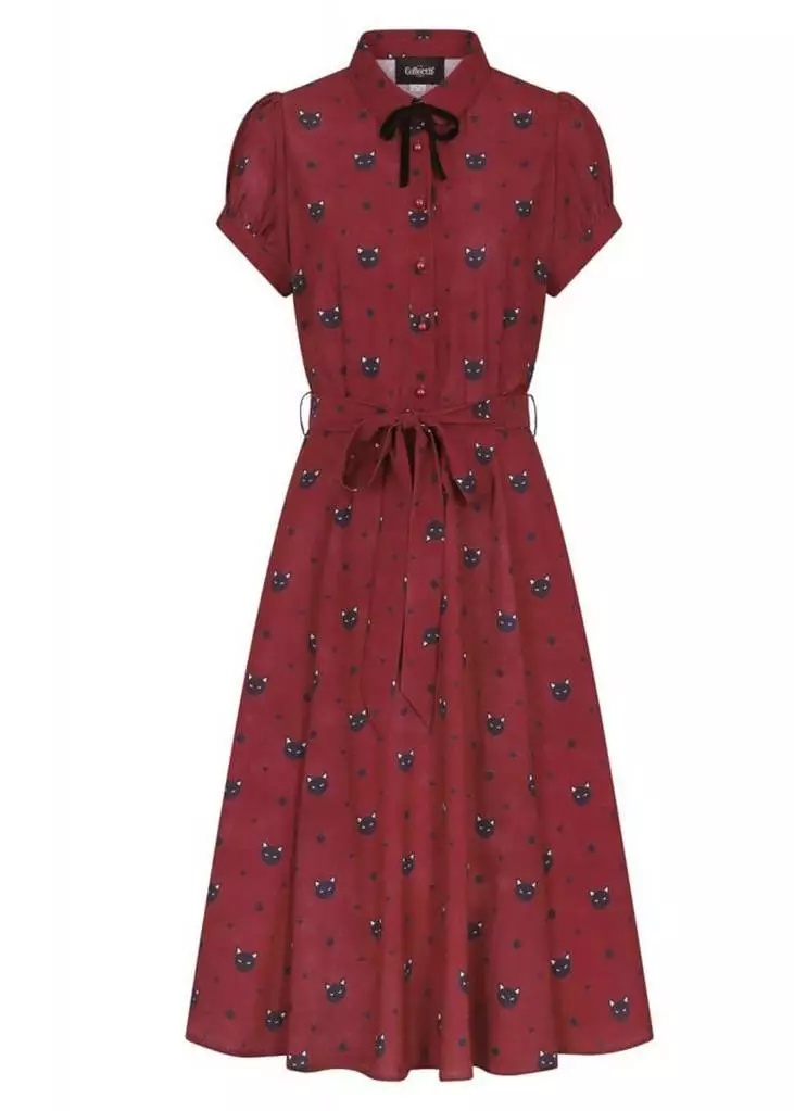 Collectif Mary Grace Polkadot Meow 40's Swing Dress Red 6 Collectif Mary Grace Polkadot Meow 40's Swing Dress Red