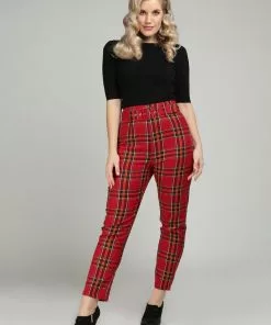 Collectif Thea Berry Check 60's Trousers Red New In