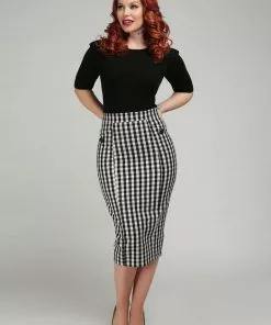 New In Collectif Lorrina Gingham 60's Pencil Skirt Black White
