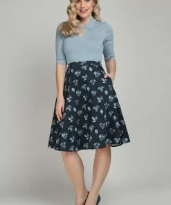 Collectif Mattie Fall Leaves 50's Swing Skirt Blue