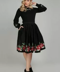 Collectif Jasmine Festive Floral 50's Swing Skirt Black New In
