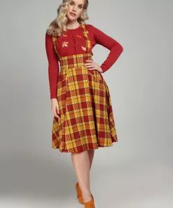 New In Collectif Alexa Autumn Leaves Check 50's Swing Skirt Orange