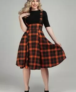 Collectif Alexa Pumpkin Check 40's Swing Skirt Black Orange