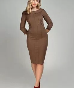 Collectif Cheyenne Herringbone 40's Pencil Dress Brown