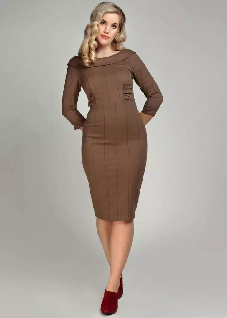 Collectif Cheyenne Herringbone 40's Pencil Dress Brown 4 Collectif Cheyenne Herringbone 40's Pencil Dress Brown