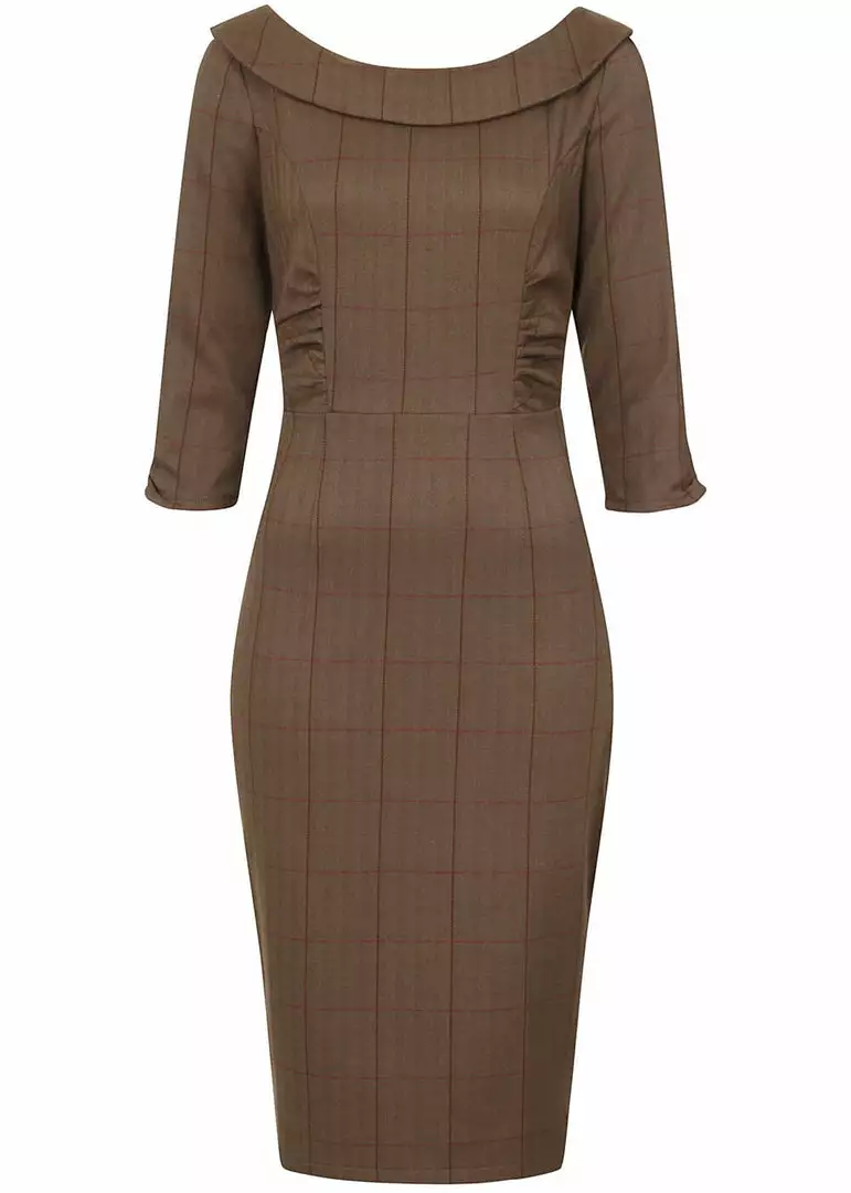 Collectif Cheyenne Herringbone 40's Pencil Dress Brown 3 Collectif Cheyenne Herringbone 40's Pencil Dress Brown