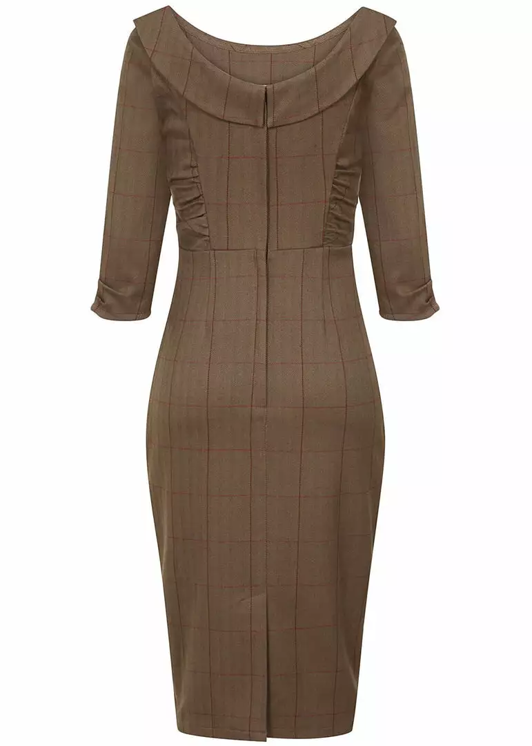 Collectif Cheyenne Herringbone 40's Pencil Dress Brown 5 Collectif Cheyenne Herringbone 40's Pencil Dress Brown