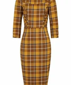 New In Collectif Cheyenne Moonhill Check 50's Pencil Dress Mustard