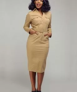 Collectif Brunel Safari 70's Pencil Dress Beige