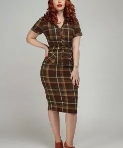 Collectif Caterina Mosshill Check 40's Pencil Dress Brown