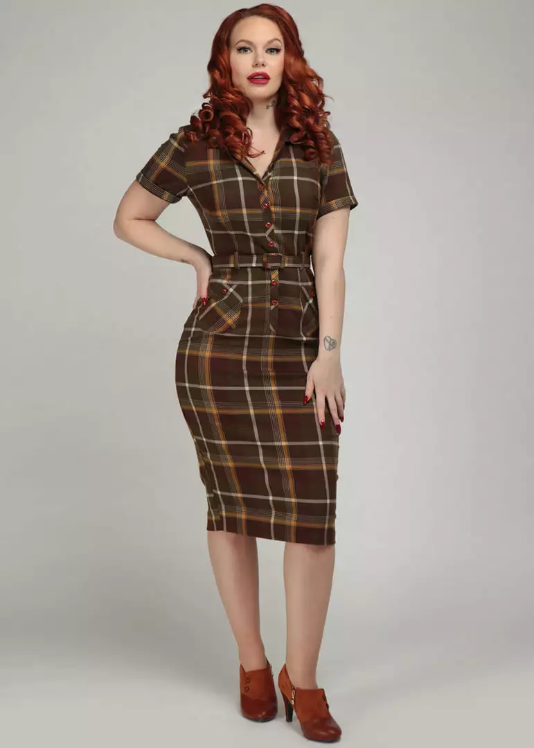 Collectif Caterina Mosshill Check 40's Pencil Dress Brown 4 Collectif Caterina Mosshill Check 40's Pencil Dress Brown