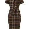 Collectif Caterina Mosshill Check 40's Pencil Dress Brown
