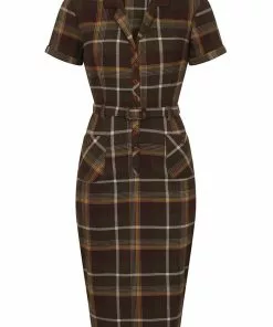 Collectif Caterina Mosshill Check 40's Pencil Dress Brown