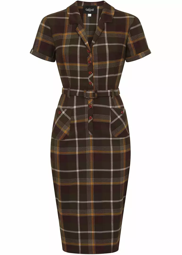 Collectif Caterina Mosshill Check 40's Pencil Dress Brown 3 Collectif Caterina Mosshill Check 40's Pencil Dress Brown
