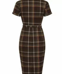 Collectif Caterina Mosshill Check 40's Pencil Dress Brown 8 Collectif Caterina Mosshill Check 40's Pencil Dress Brown
