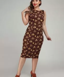 Collectif Hepburn Fall Leaves 50's Pencil Dress Brown New In 11 Collectif Hepburn Fall Leaves 50's Pencil Dress Brown New In