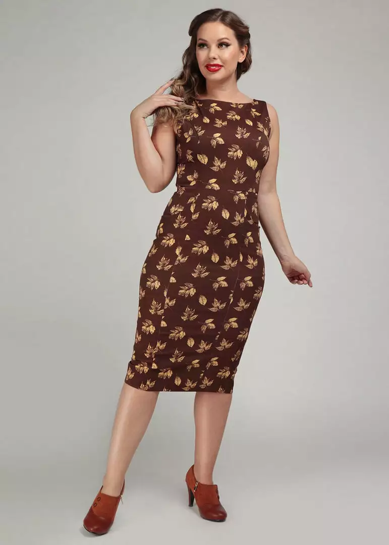 Collectif Hepburn Fall Leaves 50's Pencil Dress Brown New In 7 Collectif Hepburn Fall Leaves 50's Pencil Dress Brown New In