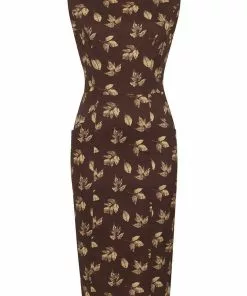 Collectif Hepburn Fall Leaves 50's Pencil Dress Brown New In