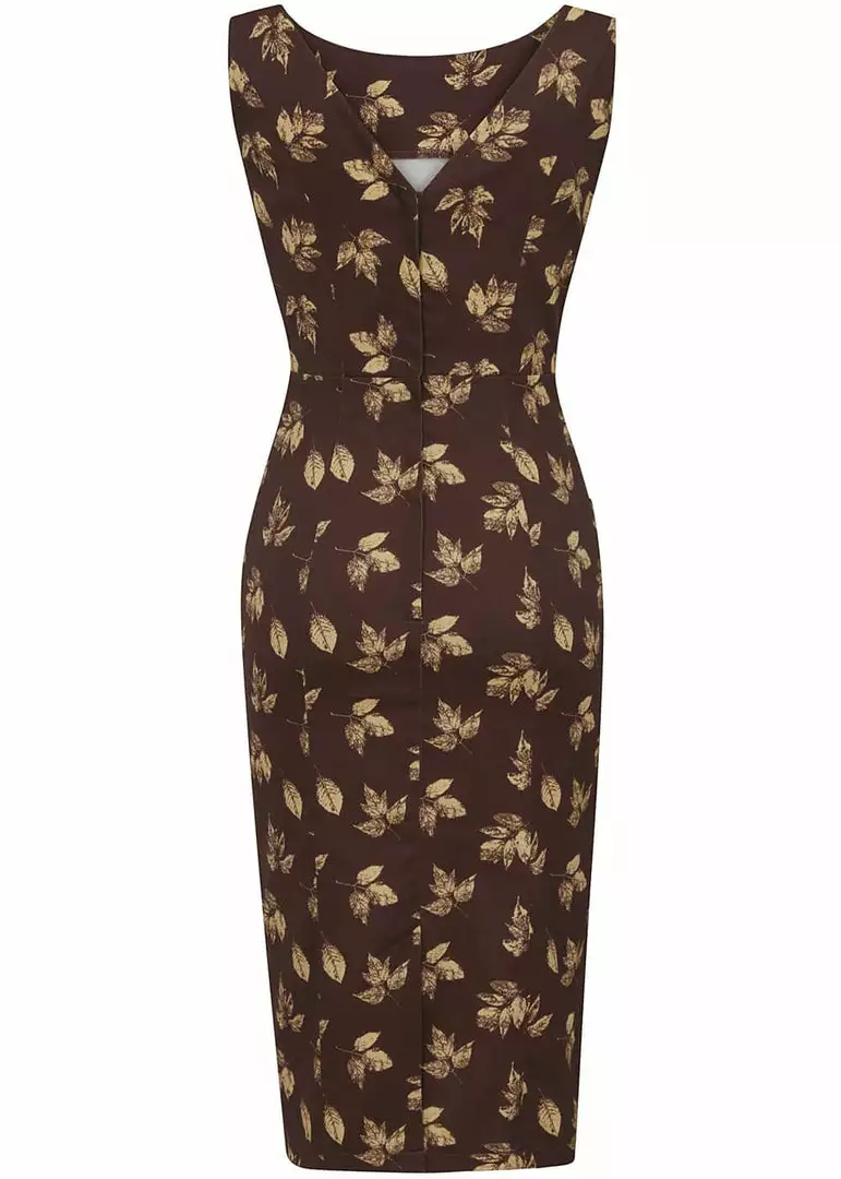 Collectif Hepburn Fall Leaves 50's Pencil Dress Brown New In 6 Collectif Hepburn Fall Leaves 50's Pencil Dress Brown New In