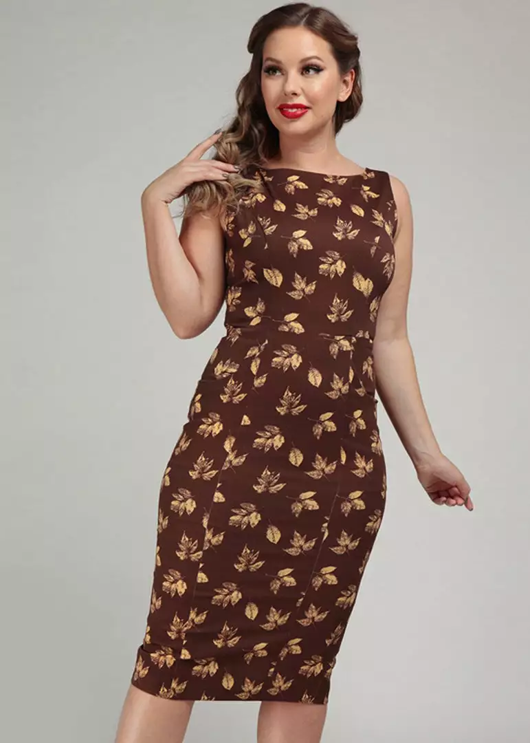 Collectif Hepburn Fall Leaves 50's Pencil Dress Brown New In 5 Collectif Hepburn Fall Leaves 50's Pencil Dress Brown New In