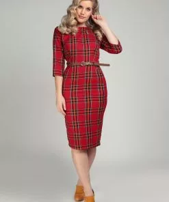 New In Collectif Adeline Berry Check 50's Pencil Dress Red