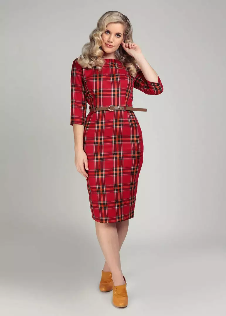 New In Collectif Adeline Berry Check 50's Pencil Dress Red 4 New In Collectif Adeline Berry Check 50's Pencil Dress Red