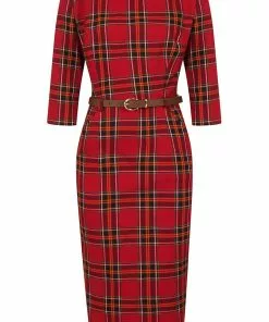 New In Collectif Adeline Berry Check 50's Pencil Dress Red