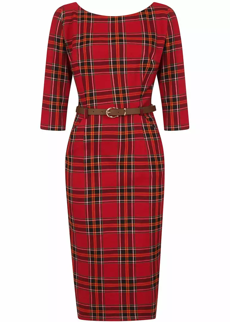 New In Collectif Adeline Berry Check 50's Pencil Dress Red 3 New In Collectif Adeline Berry Check 50's Pencil Dress Red