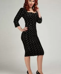 Collectif Vanessa Glitter Moon Velvet 50's Pencil Dress Black
