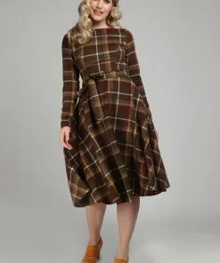 Collectif Arwen Mosshill Check 40's Swing Dress Brown New In