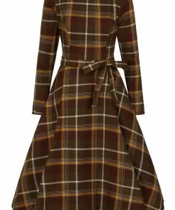 Collectif Arwen Mosshill Check 40's Swing Dress Brown New In