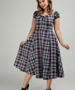 New In Collectif Dolores Hocus Pocus Check 50's Swing Dress Lilac