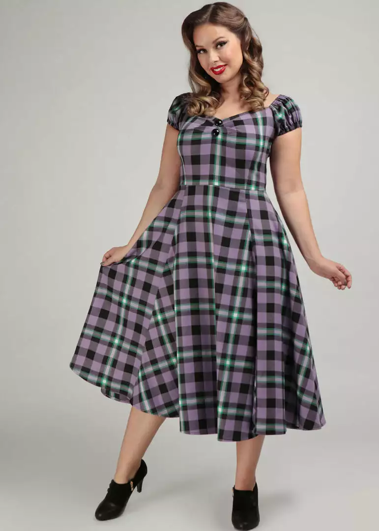 New In Collectif Dolores Hocus Pocus Check 50's Swing Dress Lilac 4 New In Collectif Dolores Hocus Pocus Check 50's Swing Dress Lilac