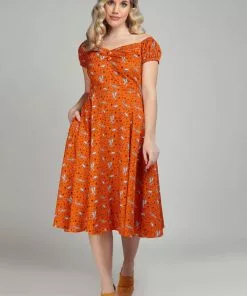 Collectif Dolores Hoot Hoot Owl 50's Swing Dress Orange New In 9 Collectif Dolores Hoot Hoot Owl 50's Swing Dress Orange New In