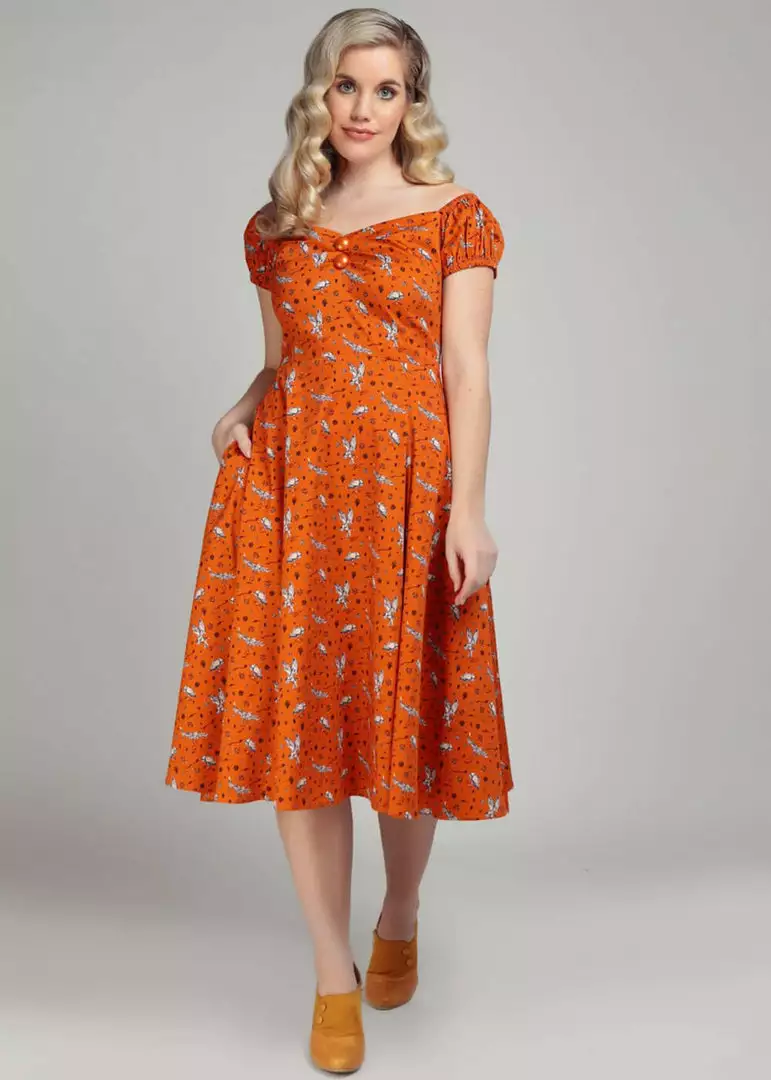 Collectif Dolores Hoot Hoot Owl 50's Swing Dress Orange New In 5 Collectif Dolores Hoot Hoot Owl 50's Swing Dress Orange New In