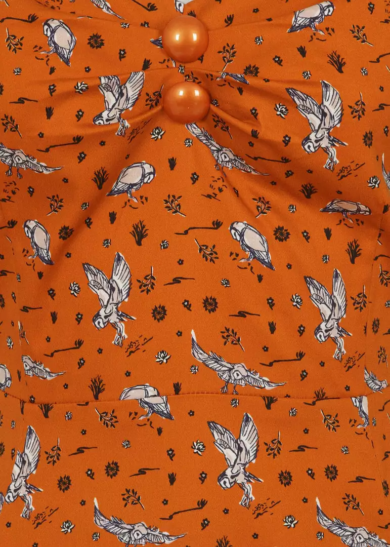 Collectif Dolores Hoot Hoot Owl 50's Swing Dress Orange New In 4 Collectif Dolores Hoot Hoot Owl 50's Swing Dress Orange New In