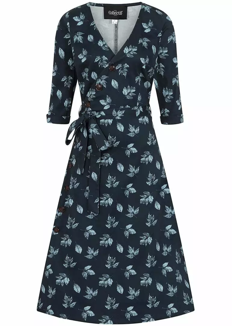 Collectif Susanna Fall Leaves 50's Swing Dress Blue 3 Collectif Susanna Fall Leaves 50's Swing Dress Blue