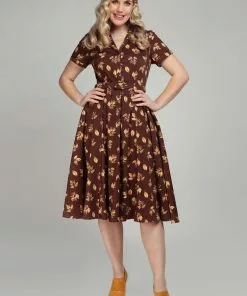 Collectif Caterina Fall Leaves 50's Swing Dress Brown New In