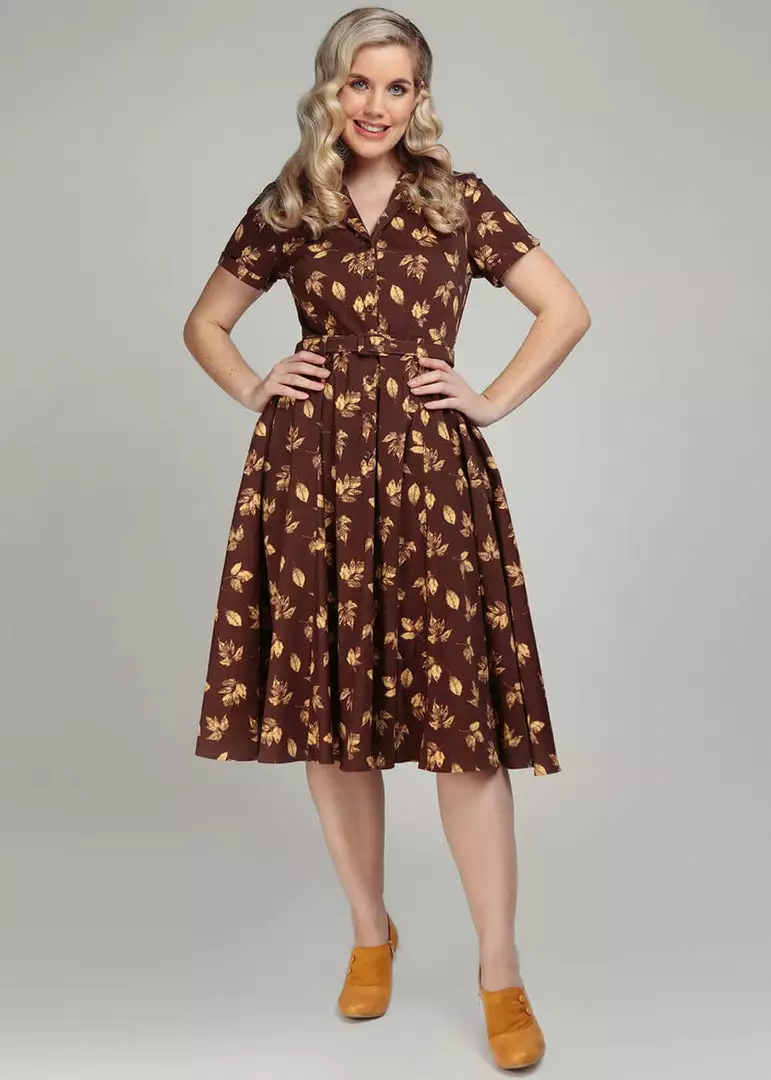 Collectif Caterina Fall Leaves 50's Swing Dress Brown New In 4 Collectif Caterina Fall Leaves 50's Swing Dress Brown New In