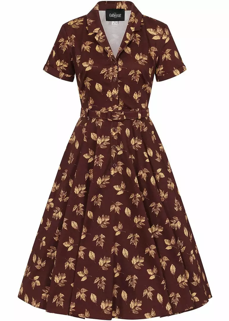 Collectif Caterina Fall Leaves 50's Swing Dress Brown New In 3 Collectif Caterina Fall Leaves 50's Swing Dress Brown New In