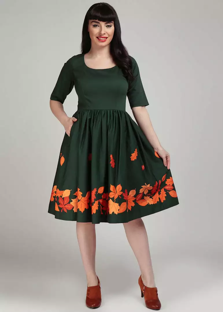 Collectif Amber Lea Leaves 50's Swing Dress Green New In 4 Collectif Amber Lea Leaves 50's Swing Dress Green New In