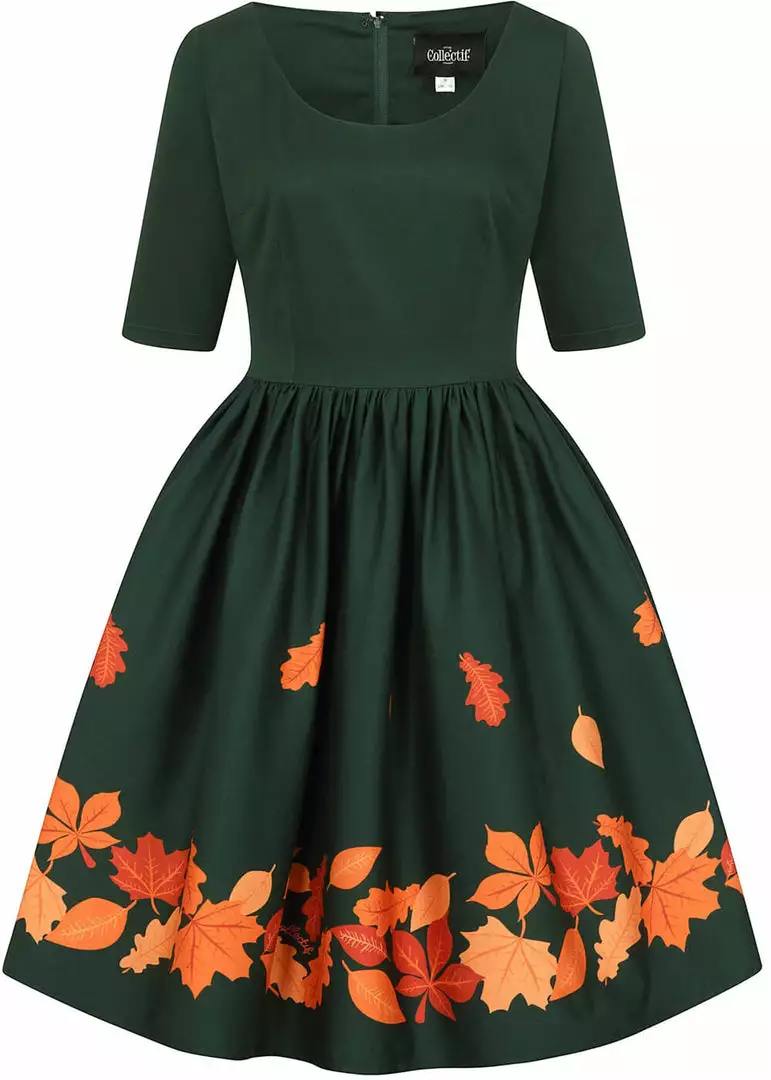 Collectif Amber Lea Leaves 50's Swing Dress Green New In 3 Collectif Amber Lea Leaves 50's Swing Dress Green New In