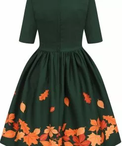 Collectif Amber Lea Leaves 50's Swing Dress Green New In 9 Collectif Amber Lea Leaves 50's Swing Dress Green New In